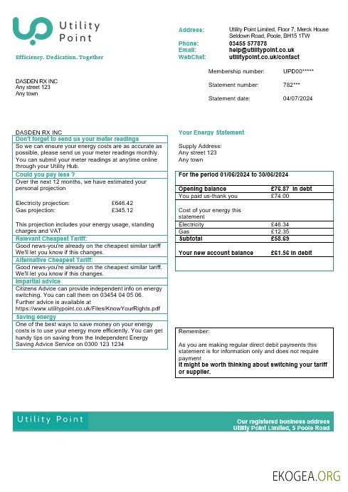 Modèle de facture de services publics d'entreprise du Royaume Uni Utility Point aux formats Word et PDF